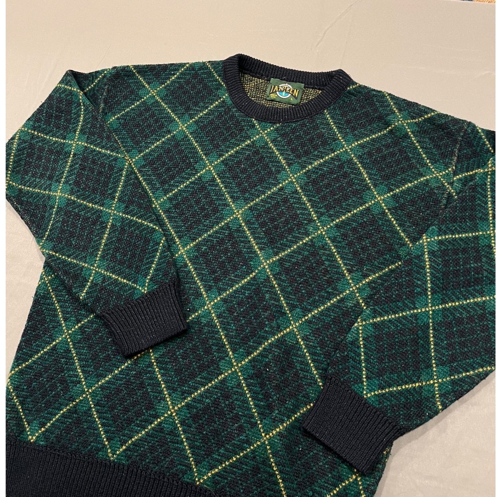 Vintage Jantzen Mens Large Argyle Sweater Green Navy Gold Made in USA 90s Retro